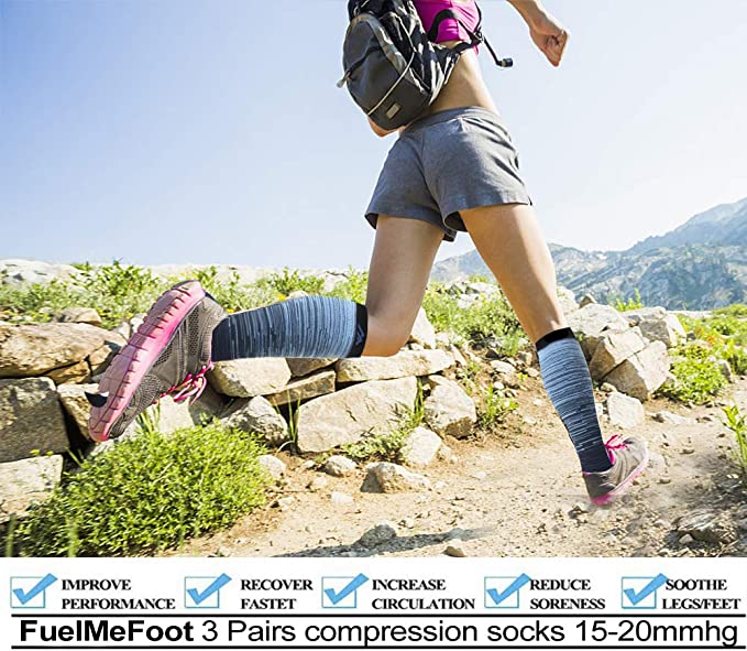 Fuelmefoot 3 Pairs Knee High Gradient Compression Socks (15-20mmHg)