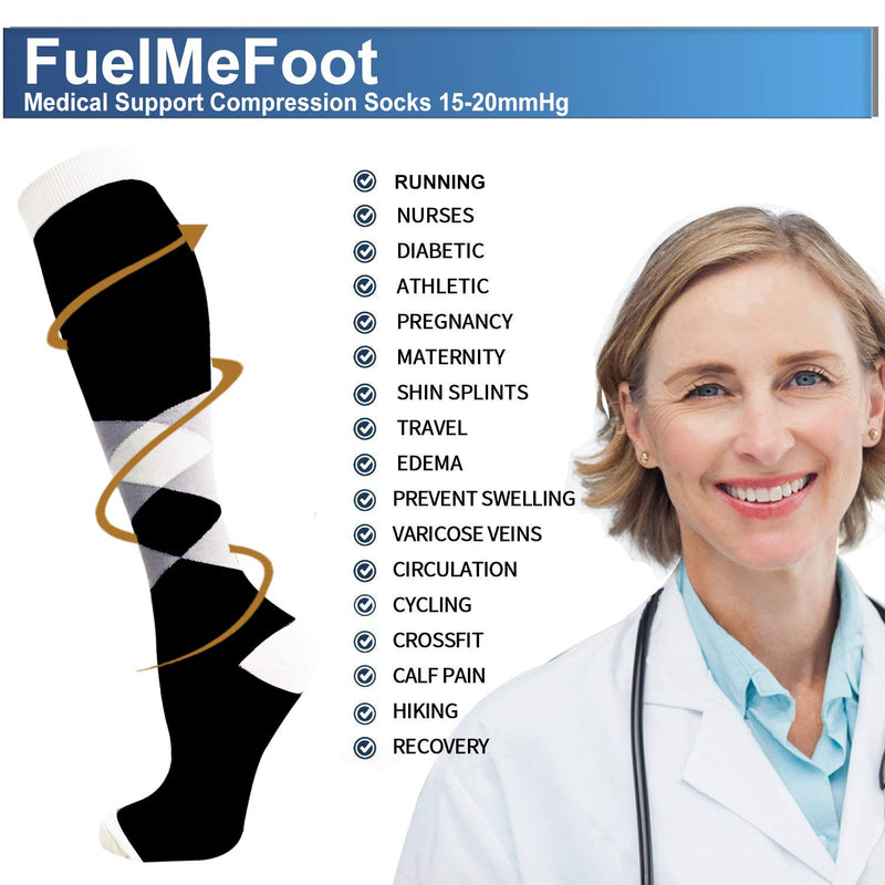 Fuelmefoot 3 Pairs Pattern Knee High Compression Socks Women & Men (15-20mmHg)