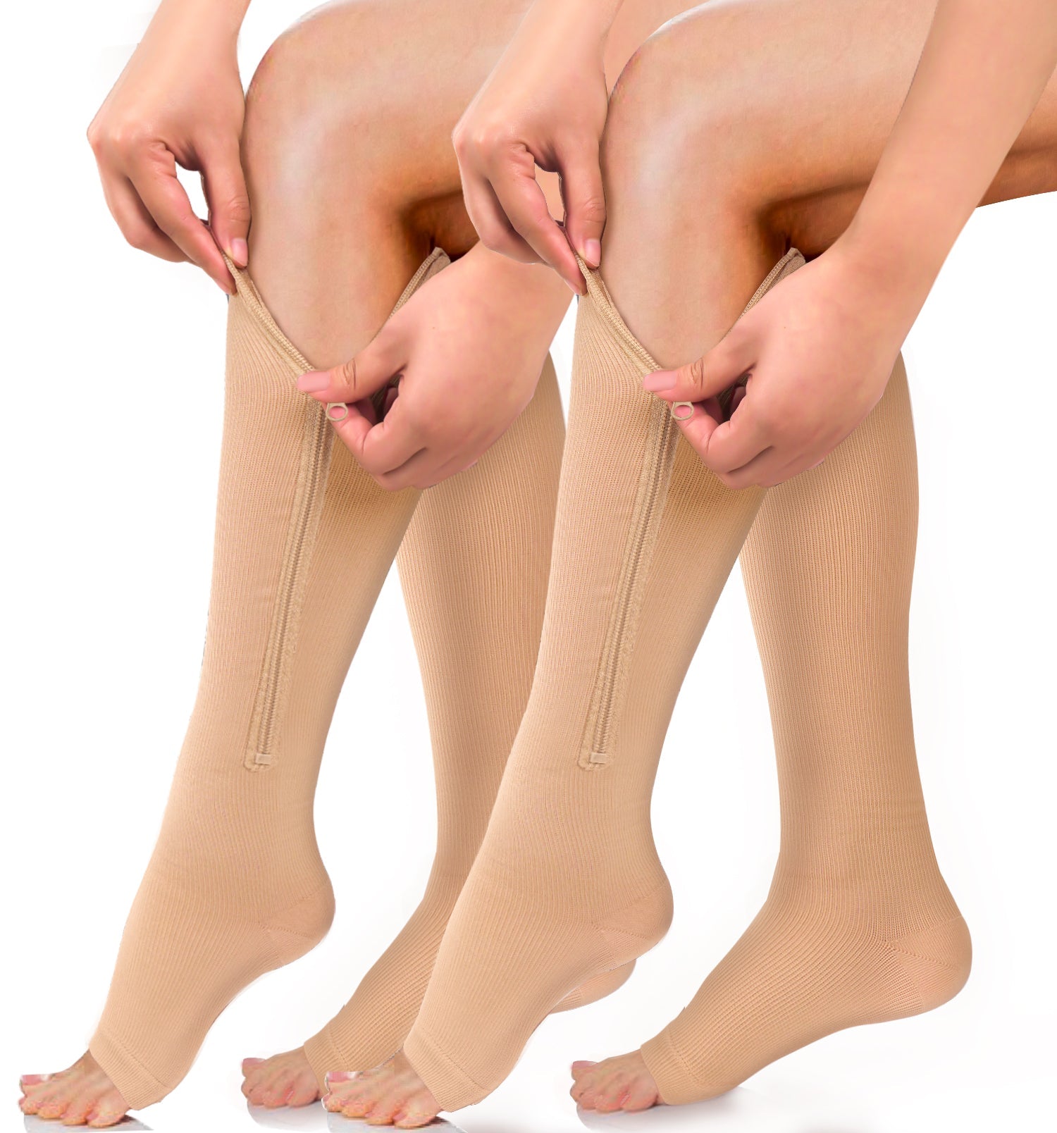Fuelmefoot 2 Pairs Nude Zipper Compression Socks Open-Toed Zip Up Support  Stockings(20-30mmHg) – FuelMeFoot
