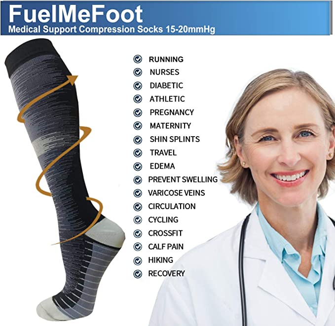 Fuelmefoot 3 Pairs Knee High Gradient Compression Socks (20-30mmHg ...