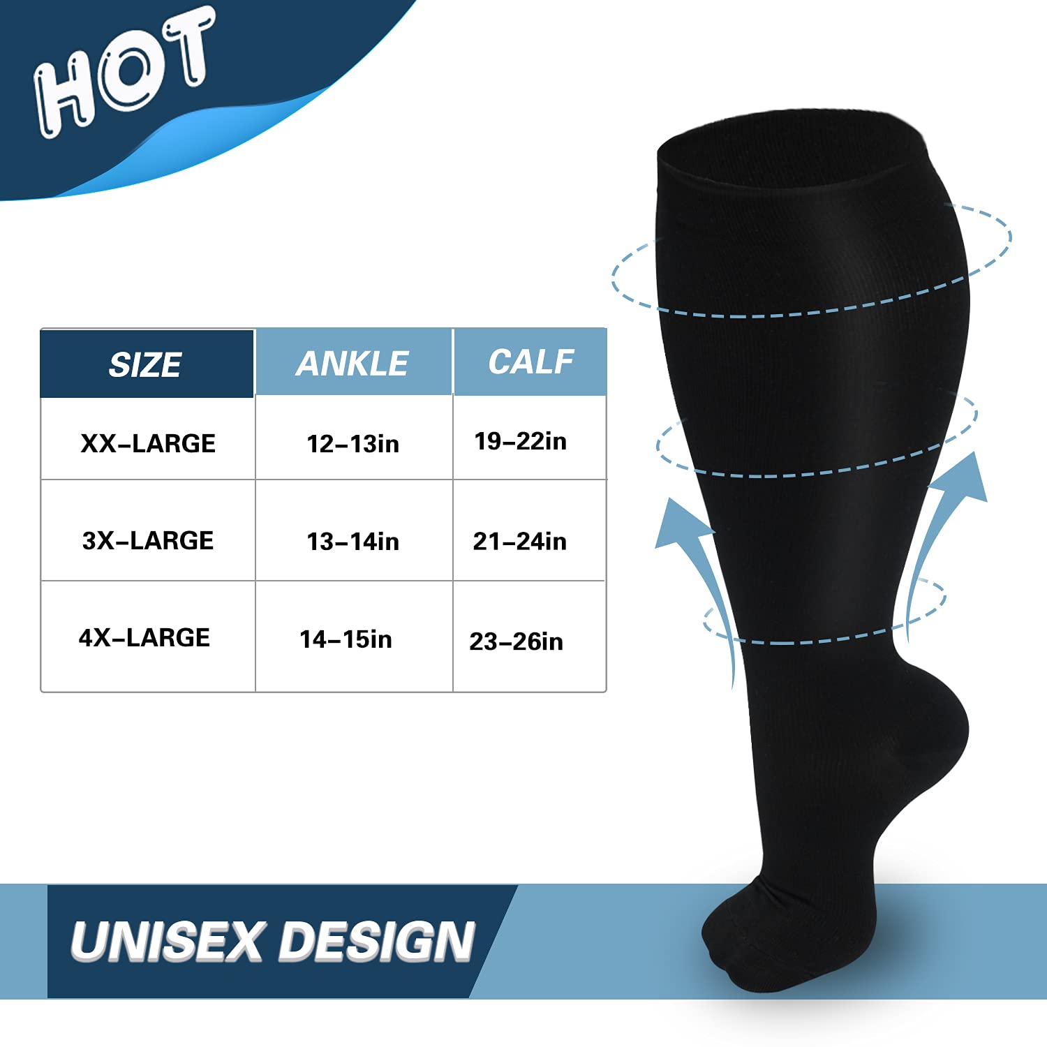 FMF Black Big Calf Compression Socks for Man and Woman (15-20 mmHG)
