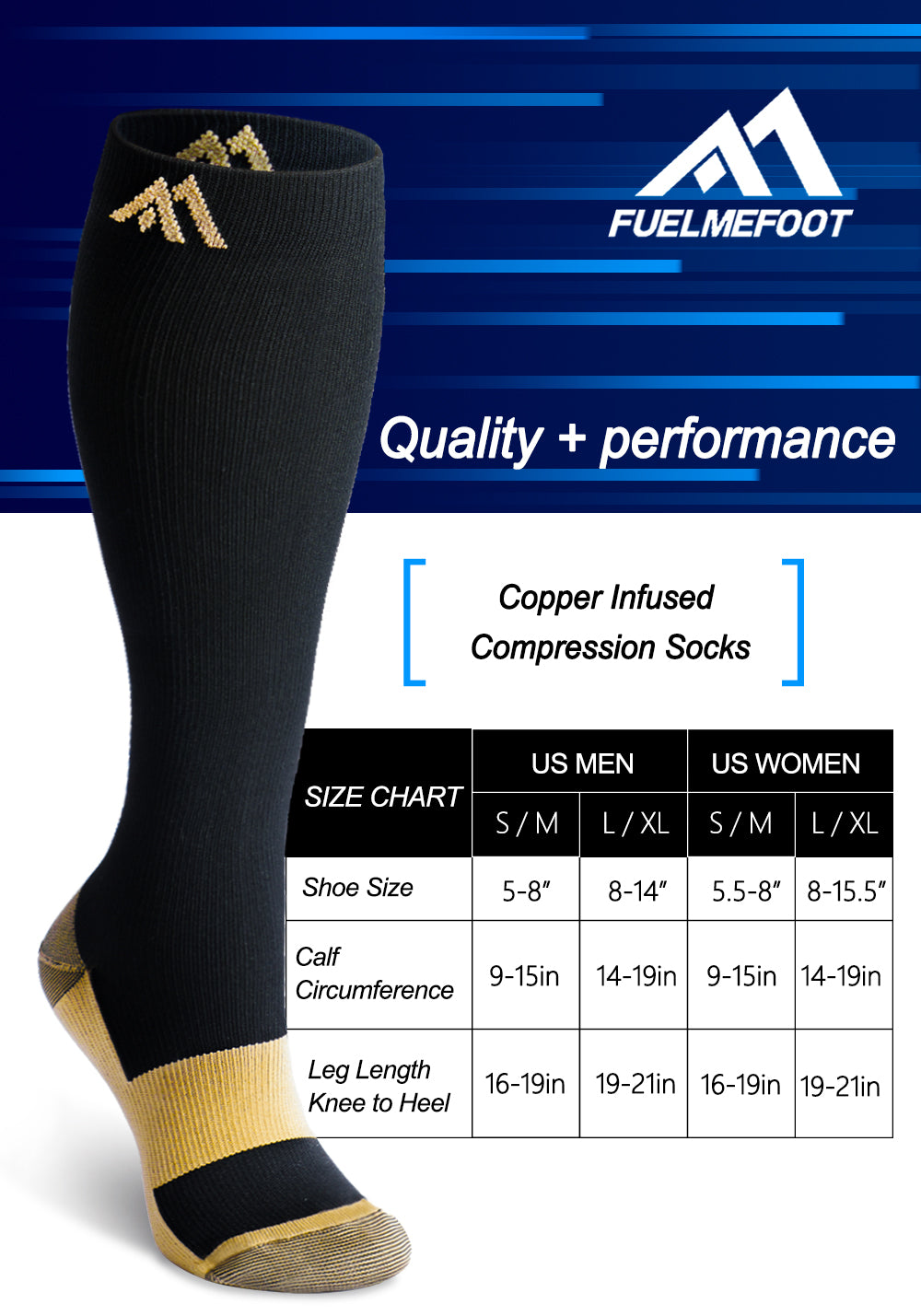 2Pairs Copper Zipper Compression Socks 15-20mmgh Calf Knee High